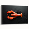 Framed canvas wall art featuring a vibrant lobster design against a black background, showcasing intricate marine life details and an elegant side view. Ideal for ocean-themed decor and seafood enthusiasts.