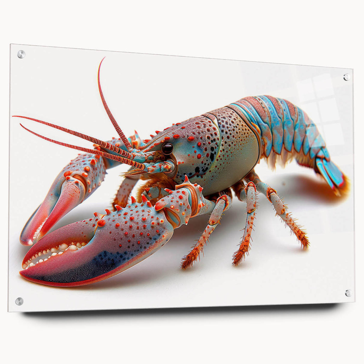Vibrant marine life wall art showcasing a detailed lobster design, crafted from acrylic glass, displayed in a side view with decorative pins, perfect for ocean-themed decor.