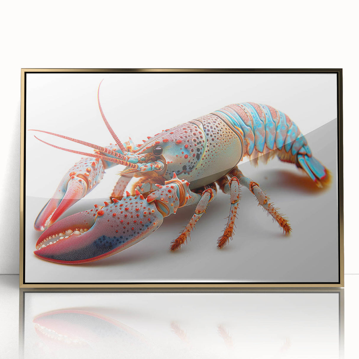 Framed wall art featuring a vibrant lobster design, set in a gold-acrylic frame, showcasing intricate marine life details against a neutral background, ideal for coastal decor.