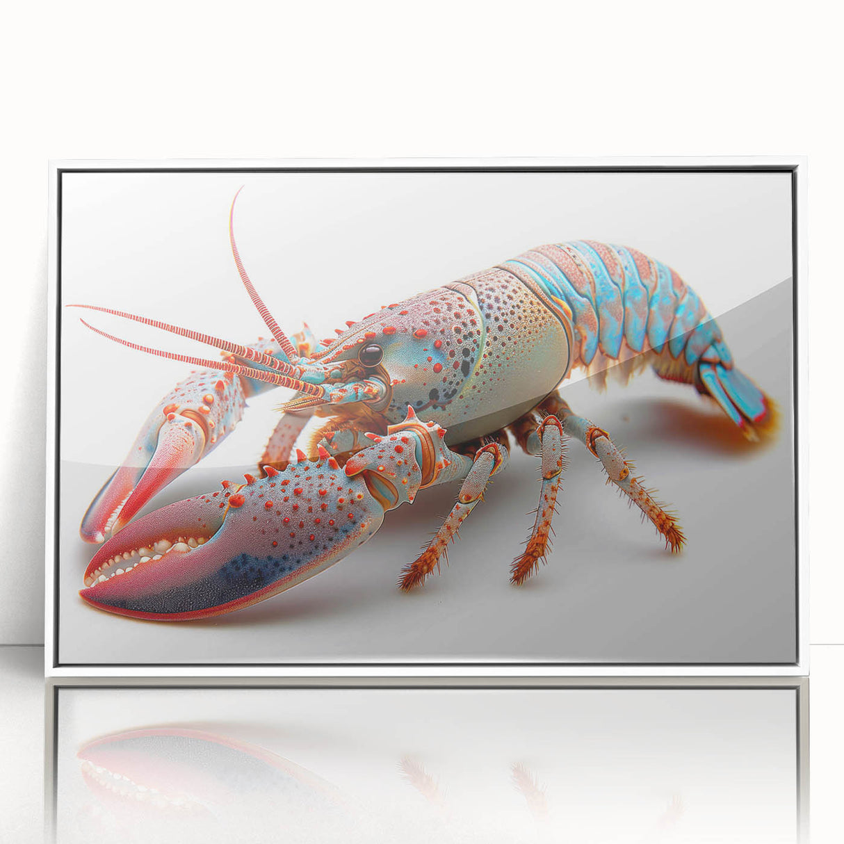 Framed acrylic wall art featuring a detailed marine life lobster design, showcasing vibrant colors against a white background, ideal for ocean-themed decor.