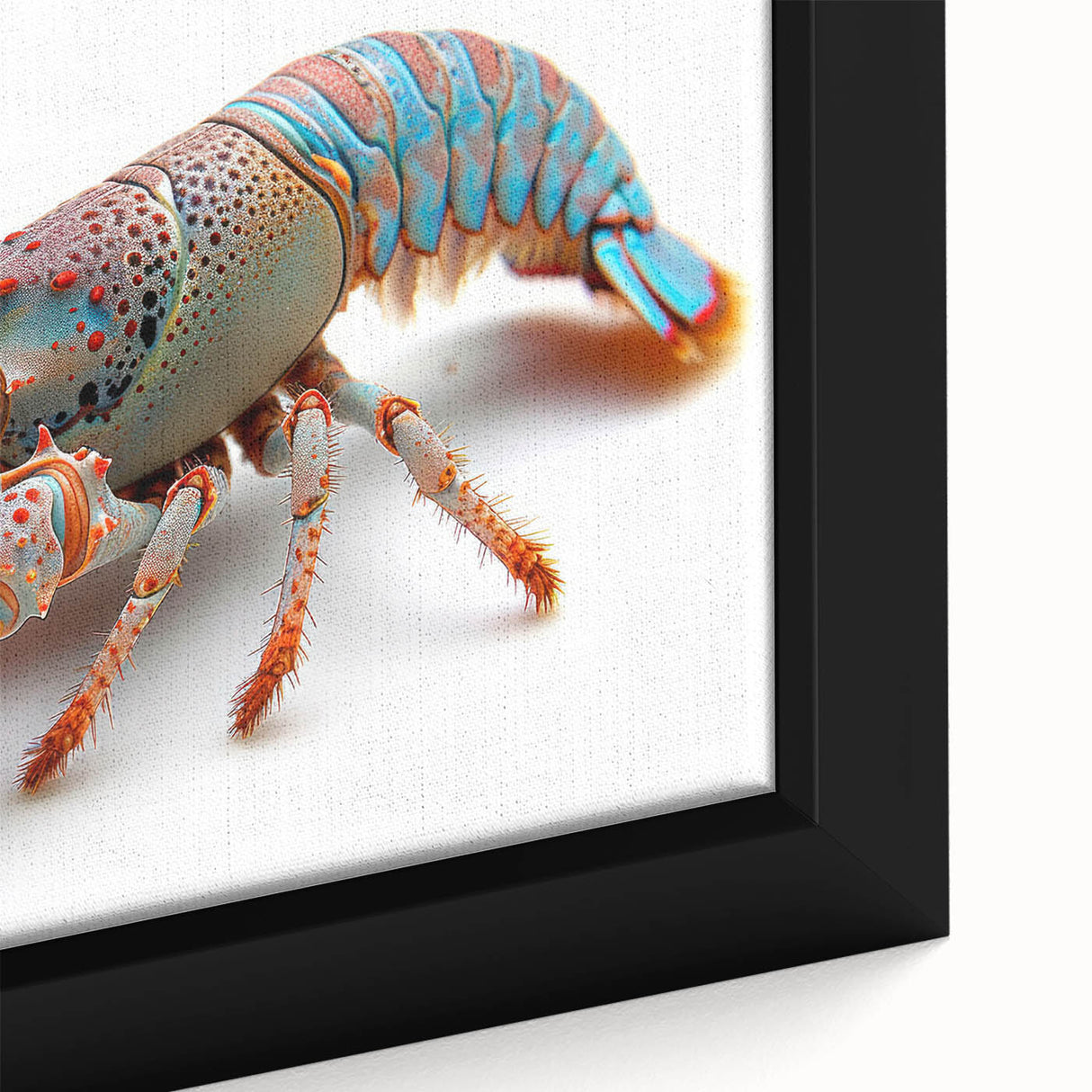 Close-up of a framed marine life wall art piece featuring a vibrant lobster design on canvas, showcasing intricate details and rich colors, perfect for ocean-inspired decor.