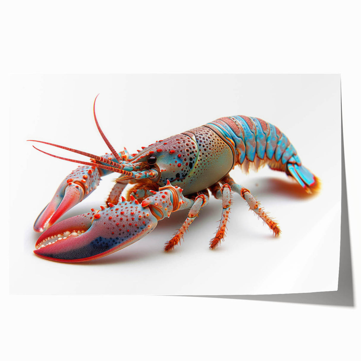 Lobster-themed wall art print showcasing vibrant marine life design with intricate details, ideal for ocean decor enthusiasts. Rolled for easy framing.