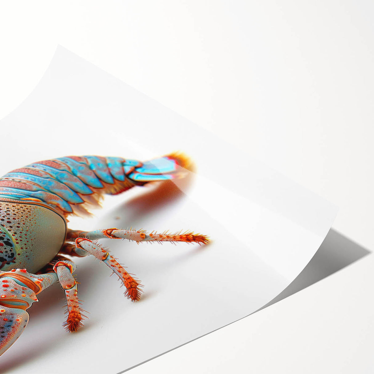 Lobster-themed wall art print showcasing vibrant marine life design, featuring detailed illustrations in shades of blue and orange, rolled for easy display.