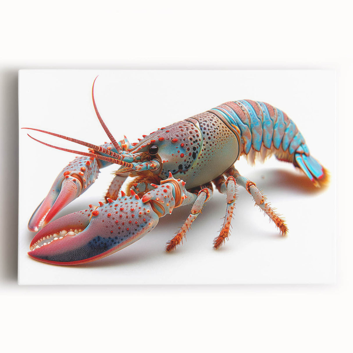 Vibrant stretched canvas wall art showcasing a detailed lobster design with bold colors, perfect for marine-themed decor in coastal homes or restaurants.