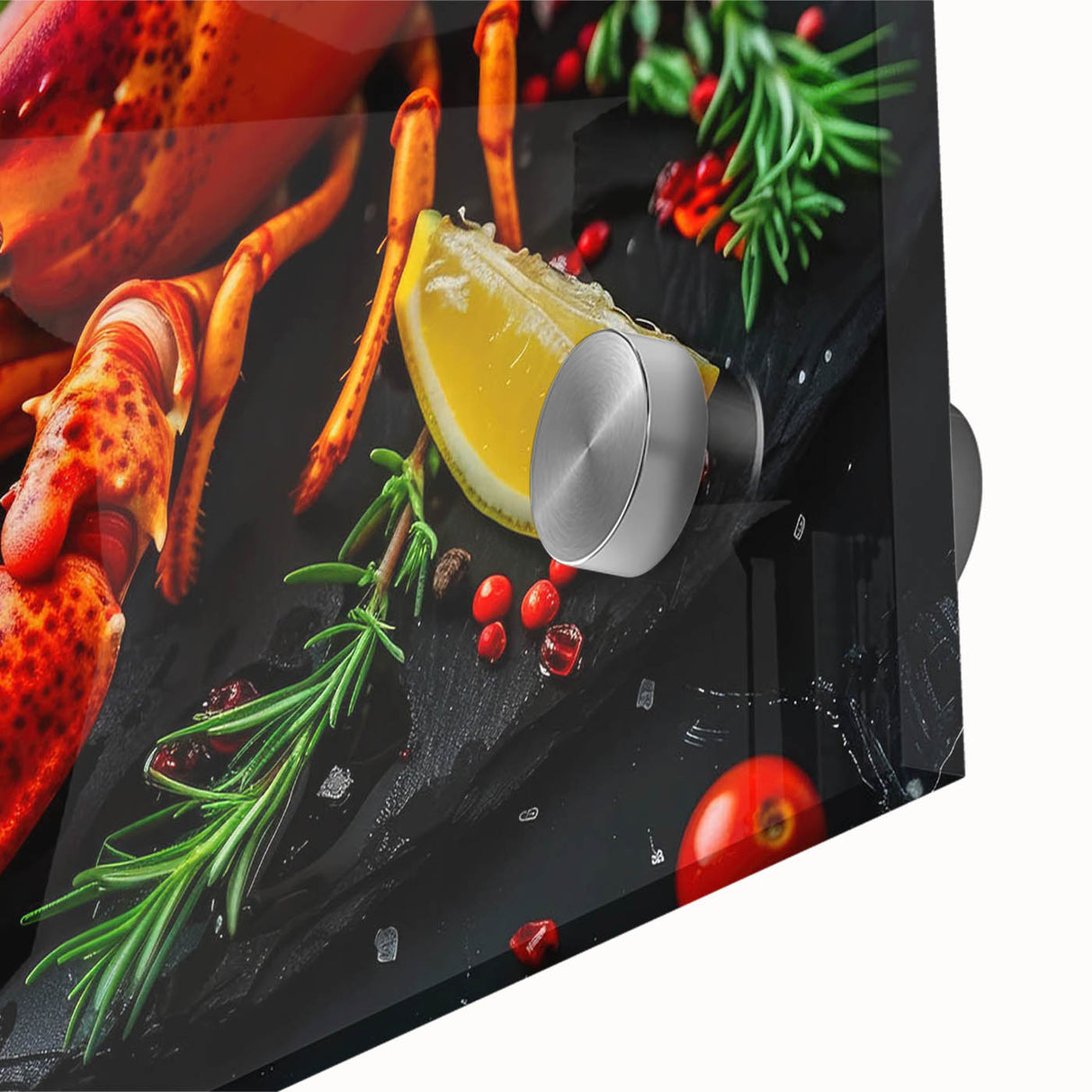 Close-up of a vibrant marine life wall art piece featuring a detailed lobster design on acrylic glass, showcasing rich colors and intricate textures perfect for coastal decor.