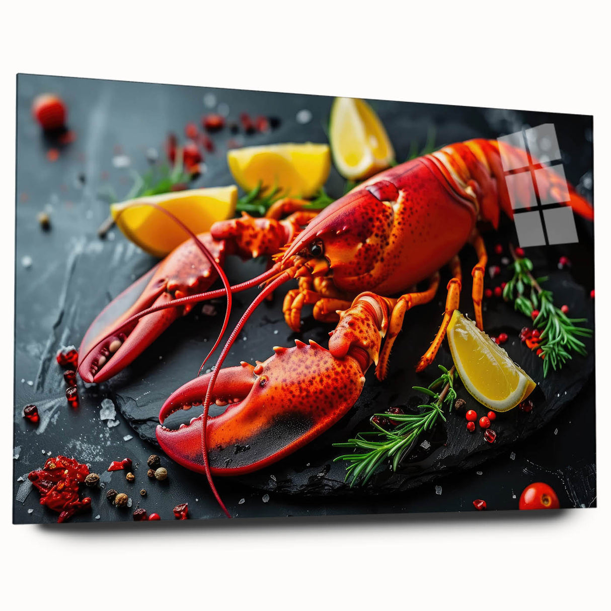 Vibrant marine life wall art showcasing a detailed lobster design on acrylic glass, viewed from the side, perfect for coastal decor enthusiasts.