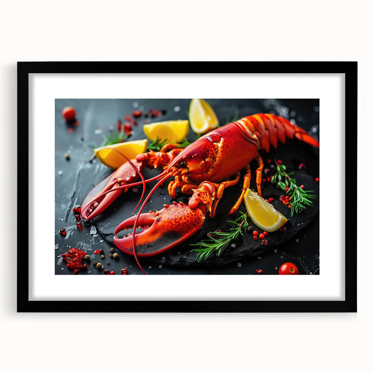 Framed wall art featuring a detailed lobster design in vibrant colors, set against a black mat for contrast, perfect for marine life enthusiasts and coastal decor.