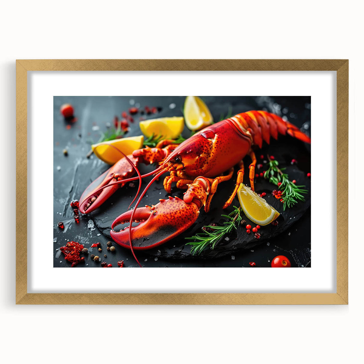 Framed wall art featuring a vibrant lobster design in a gold frame with a mat, perfect for marine life enthusiasts and coastal decor. Ideal for enhancing home interiors.