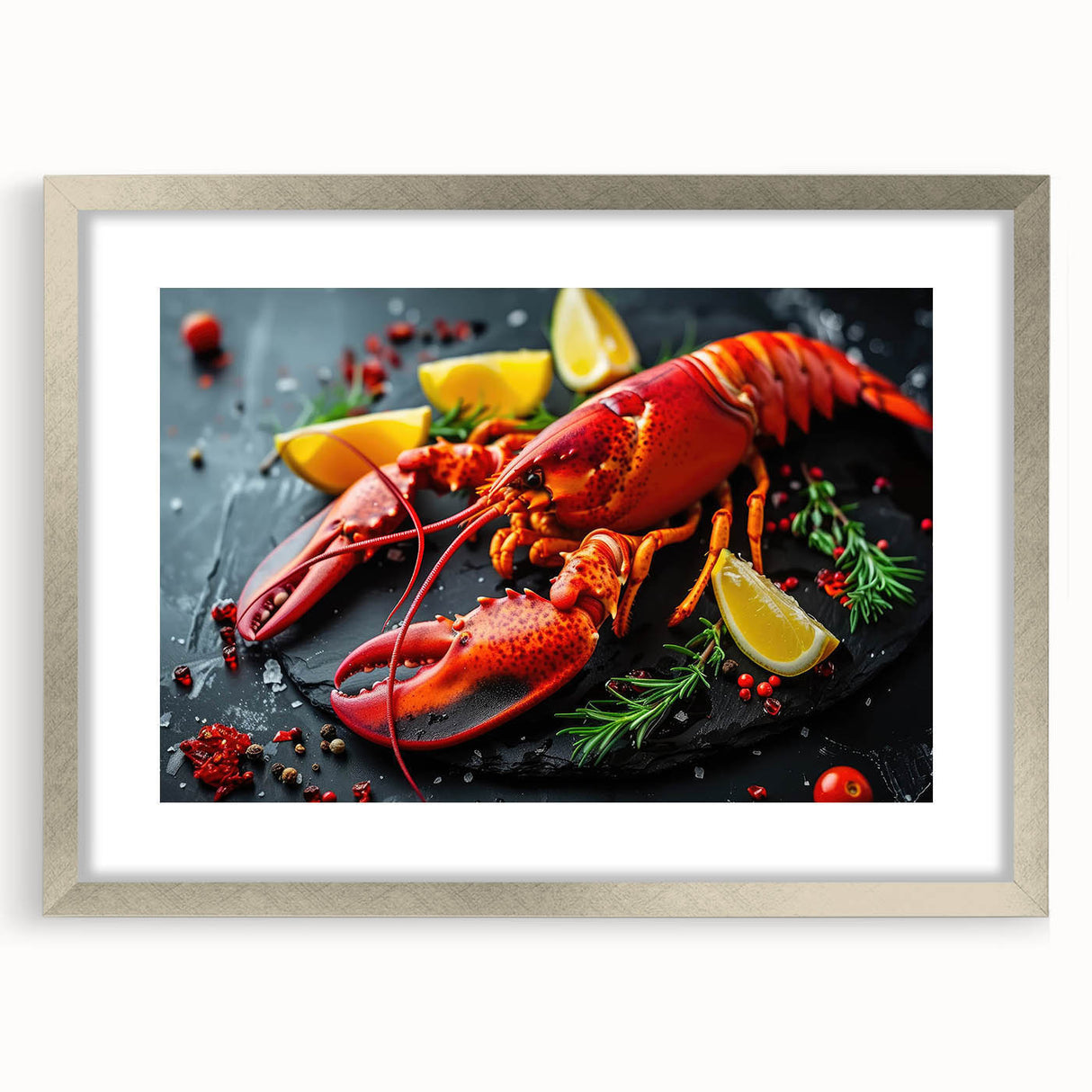 Framed wall art featuring a detailed lobster design in vibrant colors, showcasing marine life with a sleek silver frame and white mat, perfect for coastal decor.