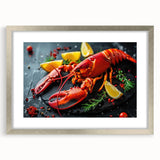 Framed wall art featuring a detailed lobster design in vibrant colors, showcasing marine life with a sleek silver frame and white mat, perfect for coastal decor.