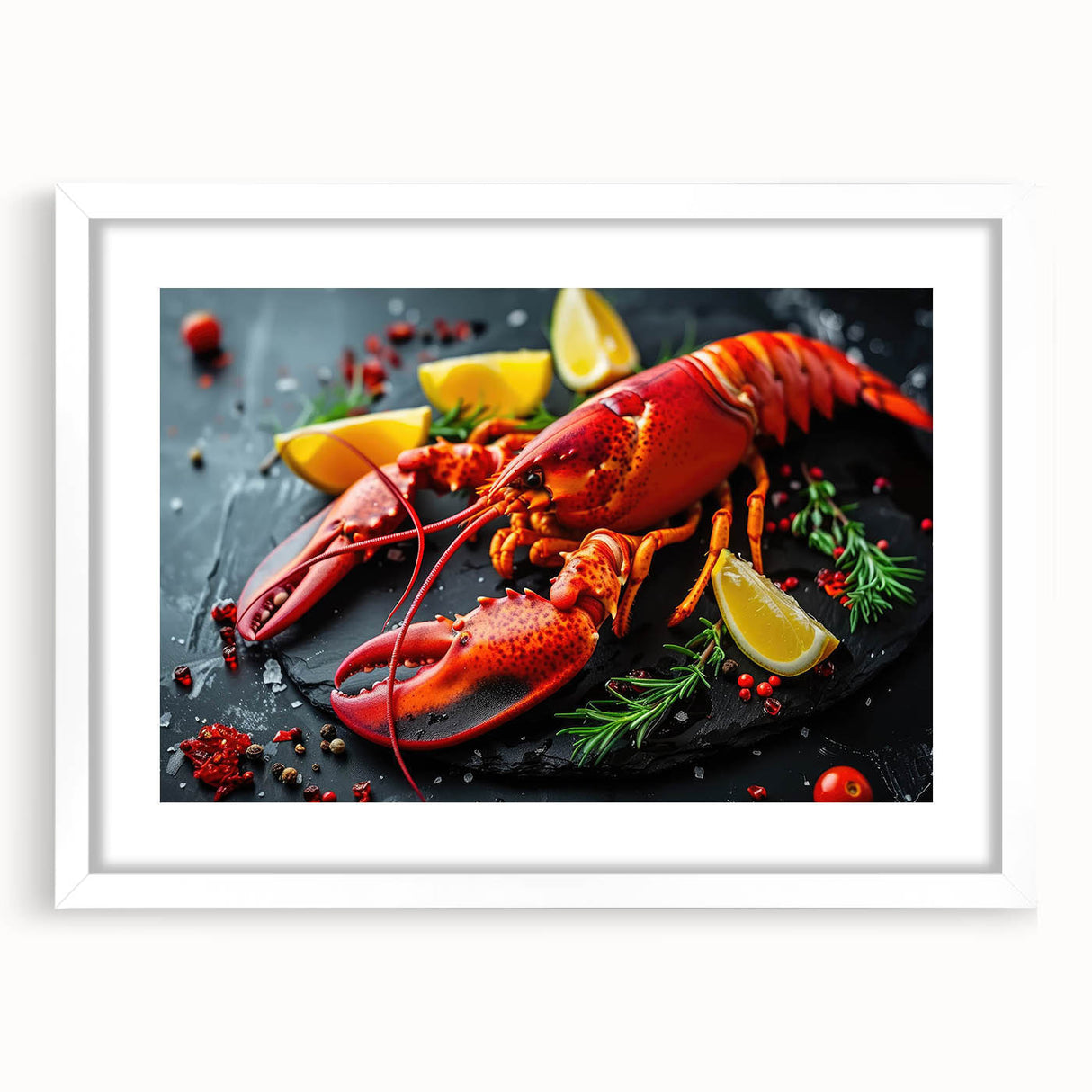 Lobster-themed wall art design in a white frame with a mat, showcasing vibrant colors and intricate marine life details, perfect for ocean-inspired decor.