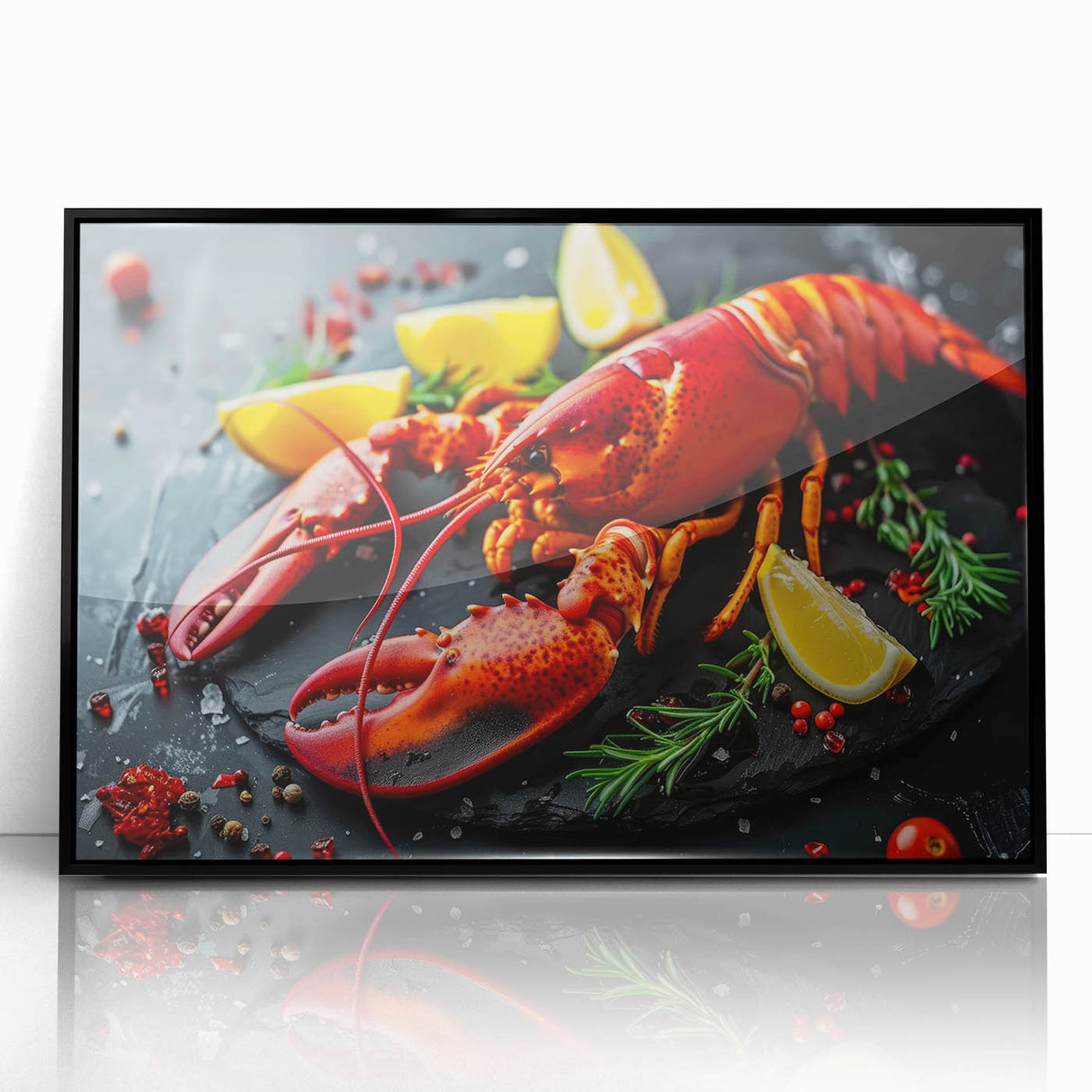 Framed wall art featuring a vibrant lobster design, showcasing intricate marine life details in a sleek black frame, perfect for ocean-themed decor. Ideal for enhancing coastal living spaces.