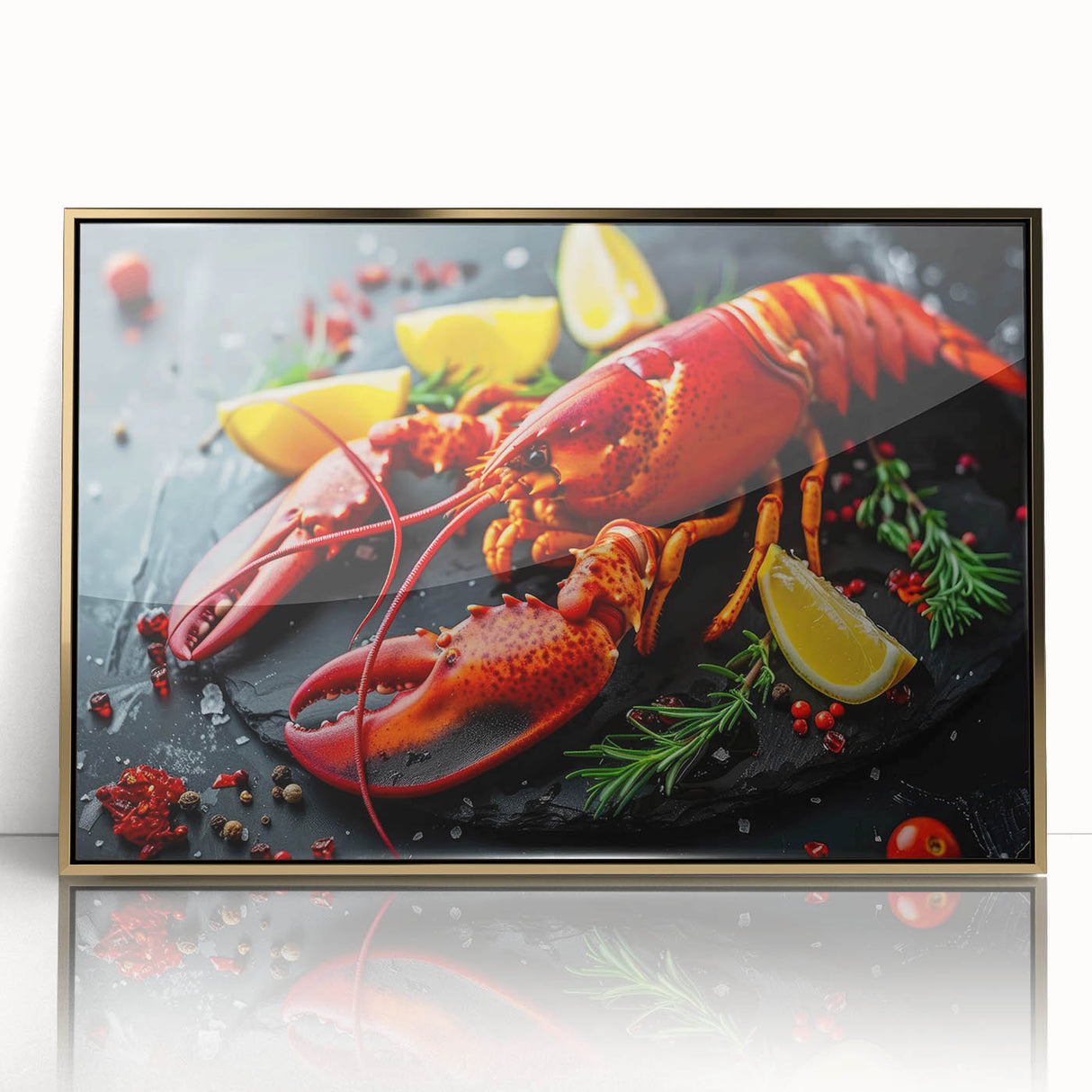 Framed wall art featuring a vibrant lobster design with a gold-accented acrylic front, showcasing intricate marine life details, perfect for coastal-themed decor.
