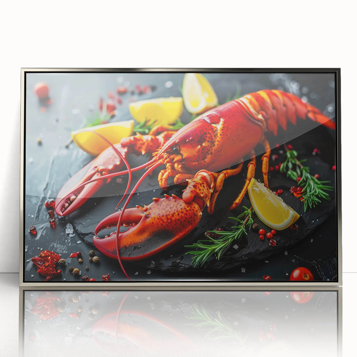 Framed wall art featuring a vibrant marine life design with a detailed lobster illustration, set in a sleek silver frame, showcasing oceanic beauty and style.