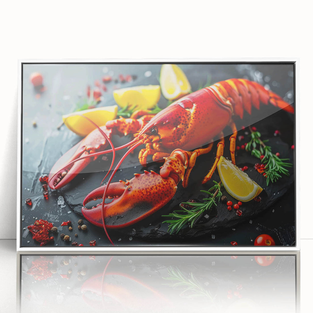 Framed wall art featuring a vibrant lobster design, showcasing intricate marine life details against a white background, ideal for coastal decor enthusiasts.