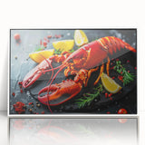 Framed wall art featuring a vibrant lobster design, showcasing intricate marine life details against a white background, ideal for coastal decor enthusiasts.