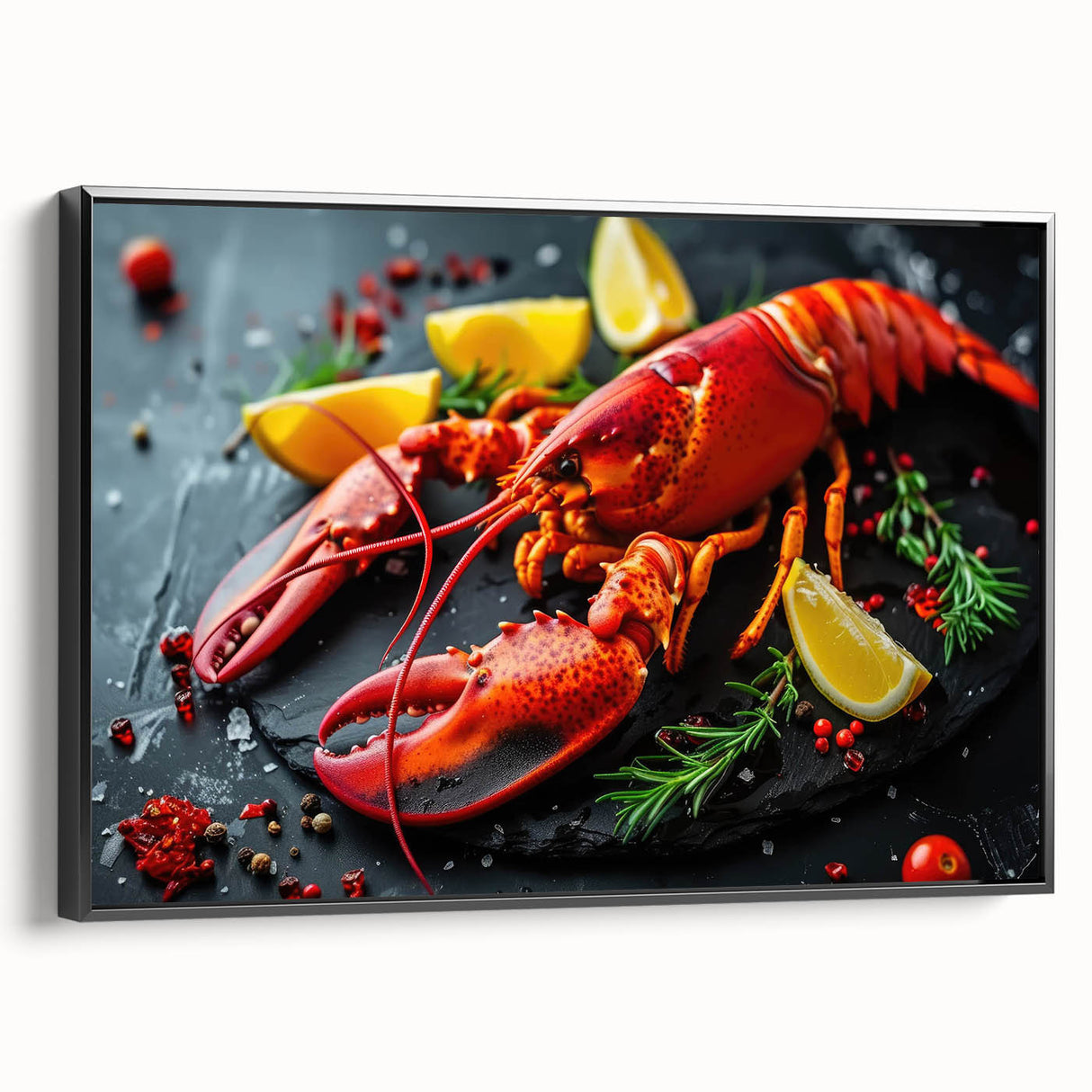 Framed canvas wall art featuring a vibrant lobster design, showcasing intricate marine life details in a black frame, perfect for ocean-themed decor.