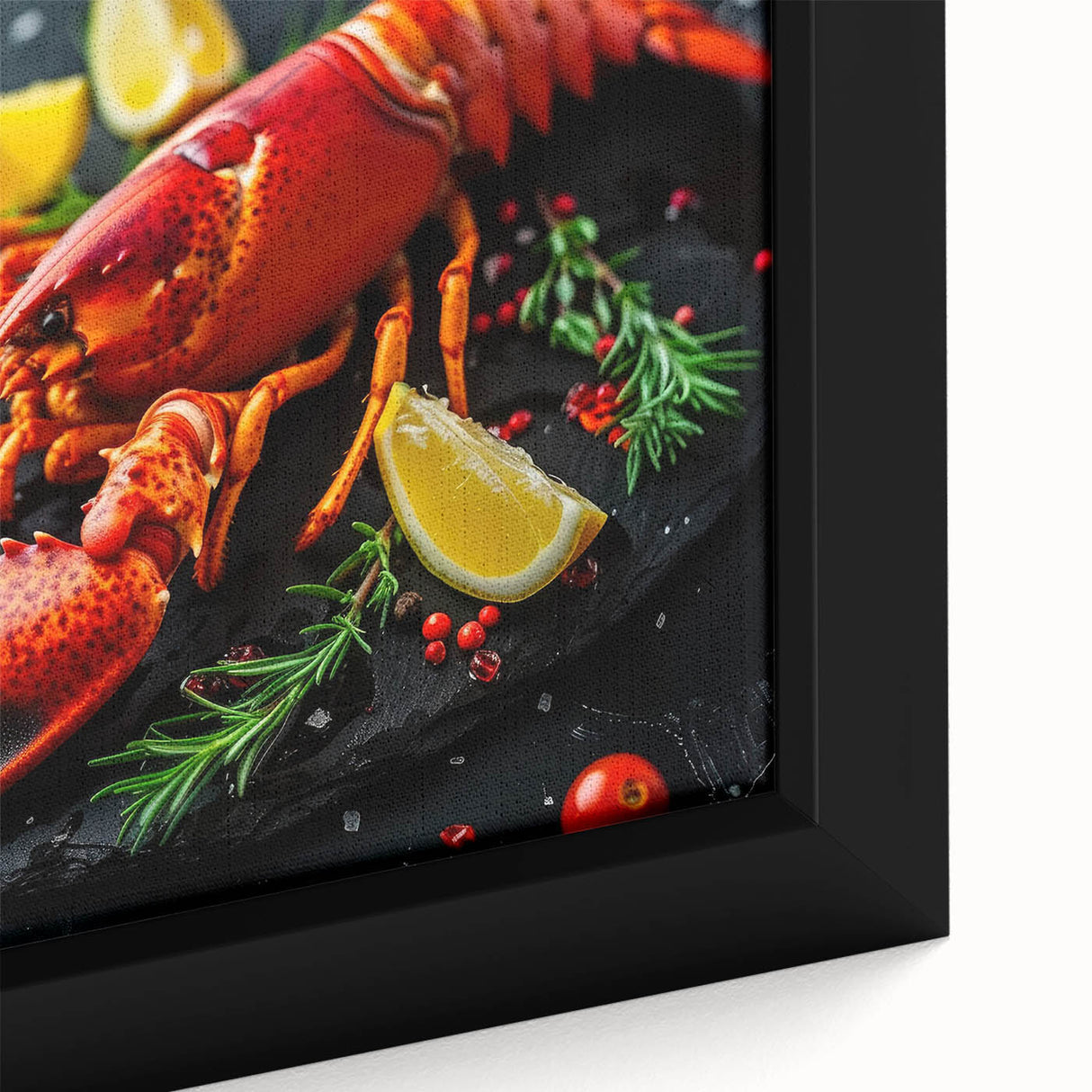 Close-up of a framed canvas wall art featuring a vibrant marine life lobster design, showcasing intricate details and vivid colors perfect for ocean-themed decor.