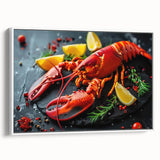 Framed wall art featuring a detailed lobster design on a white canvas, showcasing vibrant colors and textures, ideal for marine life enthusiasts and coastal decor.