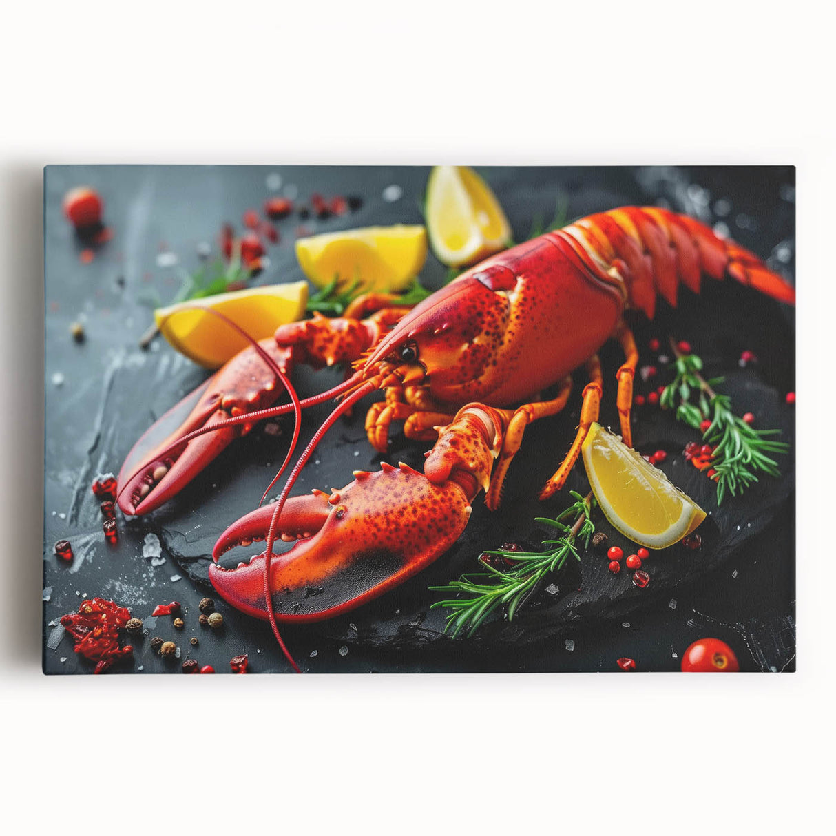 Vibrant stretched canvas artwork depicting a colorful lobster design, showcasing intricate marine life details on a textured background, perfect for ocean-themed decor.