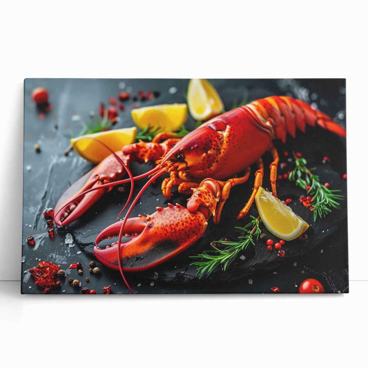 Vibrant stretched canvas wall art featuring a detailed lobster design, showcasing colorful marine life elements, perfect for coastal-themed decor.