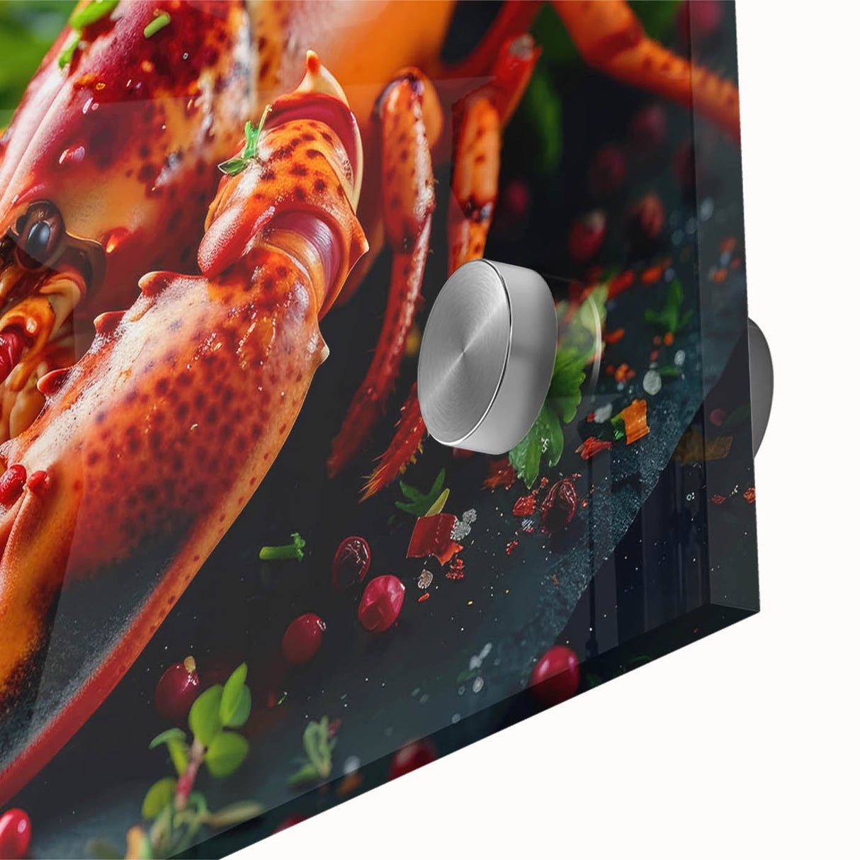 Close-up of a vibrant lobster wall art design printed on acrylic glass, showcasing intricate details and textures, perfect for marine life enthusiasts and home decor.