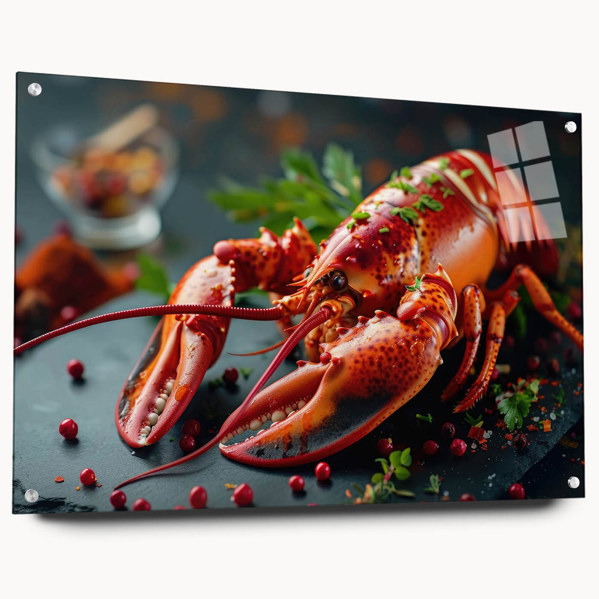 Acrylic glass wall art collection showcasing a vibrant marine life design featuring a detailed lobster illustration, elegantly displayed from a side view with decorative pins. Perfect for ocean-themed decor enthusiasts.