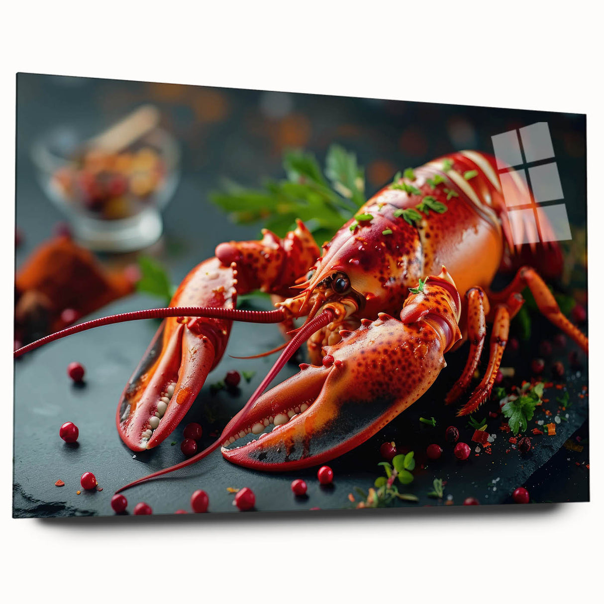 Vibrant marine life wall art collection showcasing a detailed lobster design printed on acrylic glass, displayed in a side view without pins, perfect for ocean-themed decor.