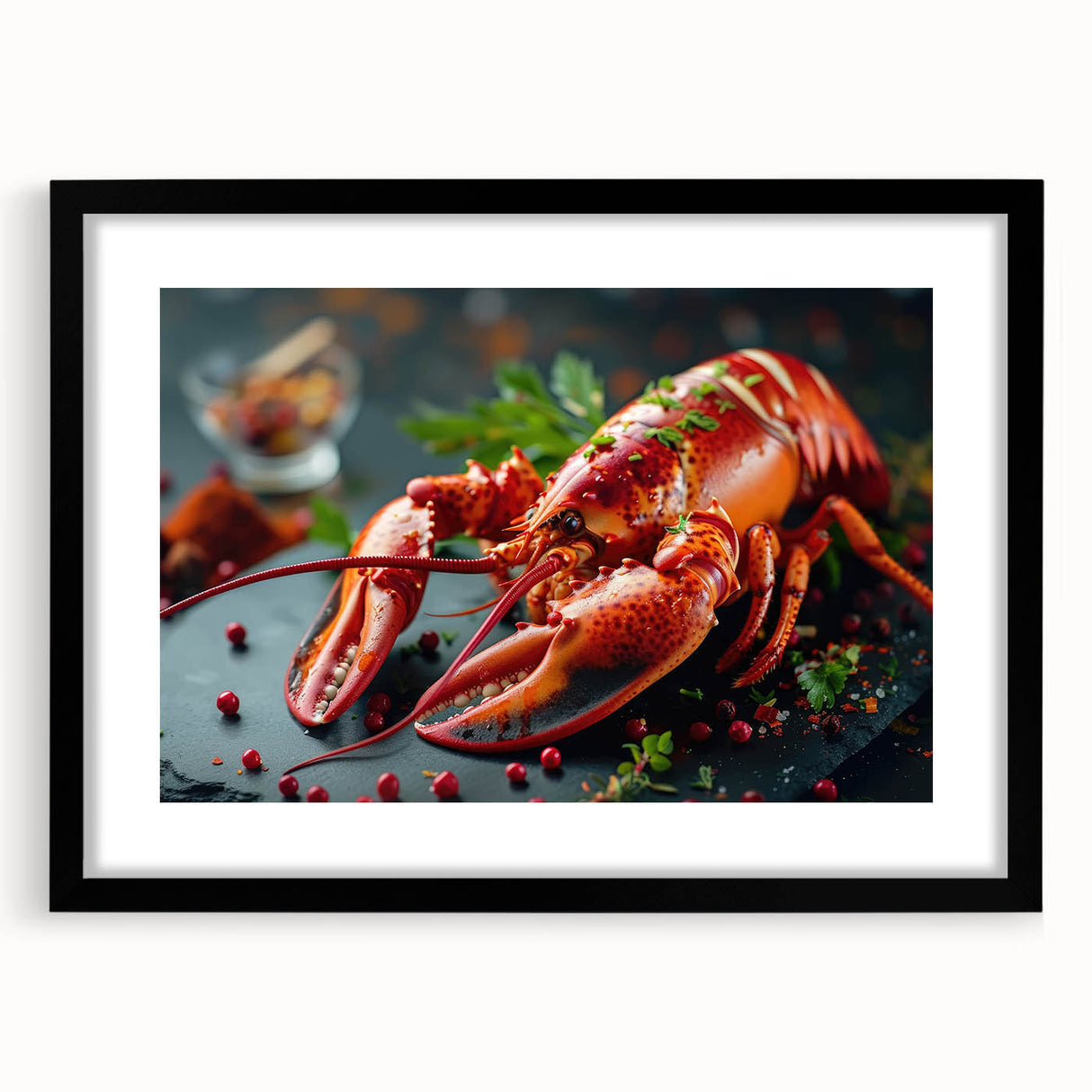 Lobster-themed wall art collection framed with a black mat, showcasing vibrant marine life design, perfect for ocean-inspired home decor.