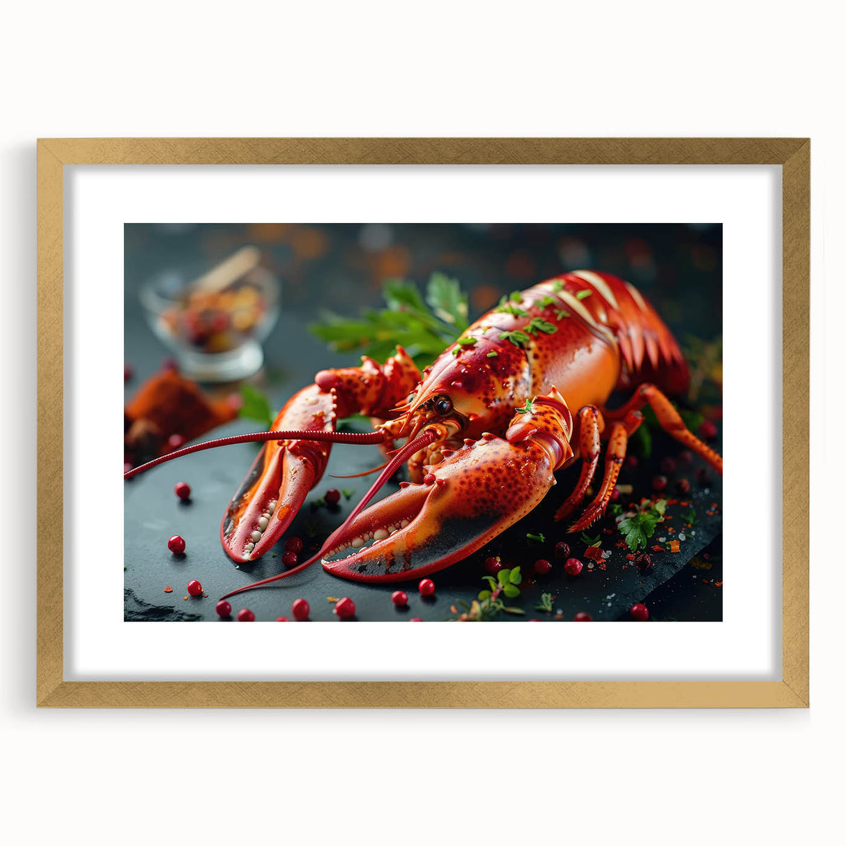 Lobster-themed wall art framed in gold, showcasing intricate marine life design with a mat for added elegance, perfect for coastal decor enthusiasts.
