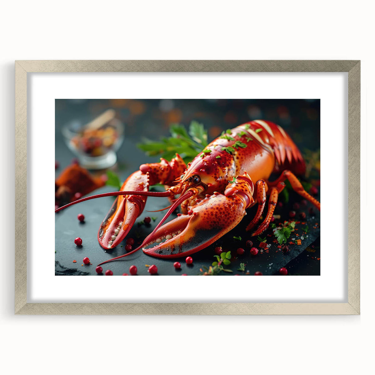 Wall art featuring a detailed lobster design in vibrant colors, framed with a sleek silver mat, perfect for marine-themed decor in coastal homes.