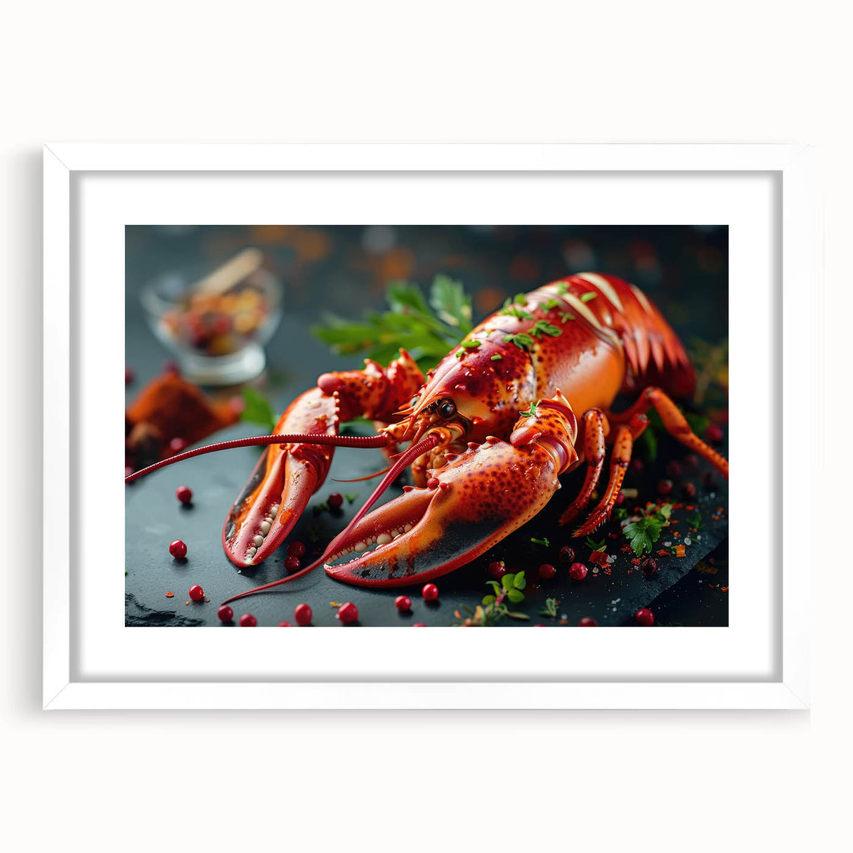 Lobster-themed wall art collection featuring a detailed marine life design in a white frame with matting, ideal for coastal decor enthusiasts.