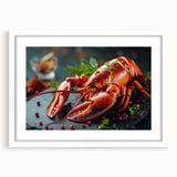 Lobster-themed wall art collection featuring a detailed marine life design in a white frame with matting, ideal for coastal decor enthusiasts.
