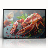 Framed acrylic wall art showcasing a vibrant lobster design, set against a sleek black frame, perfect for marine life enthusiasts and coastal decor lovers.