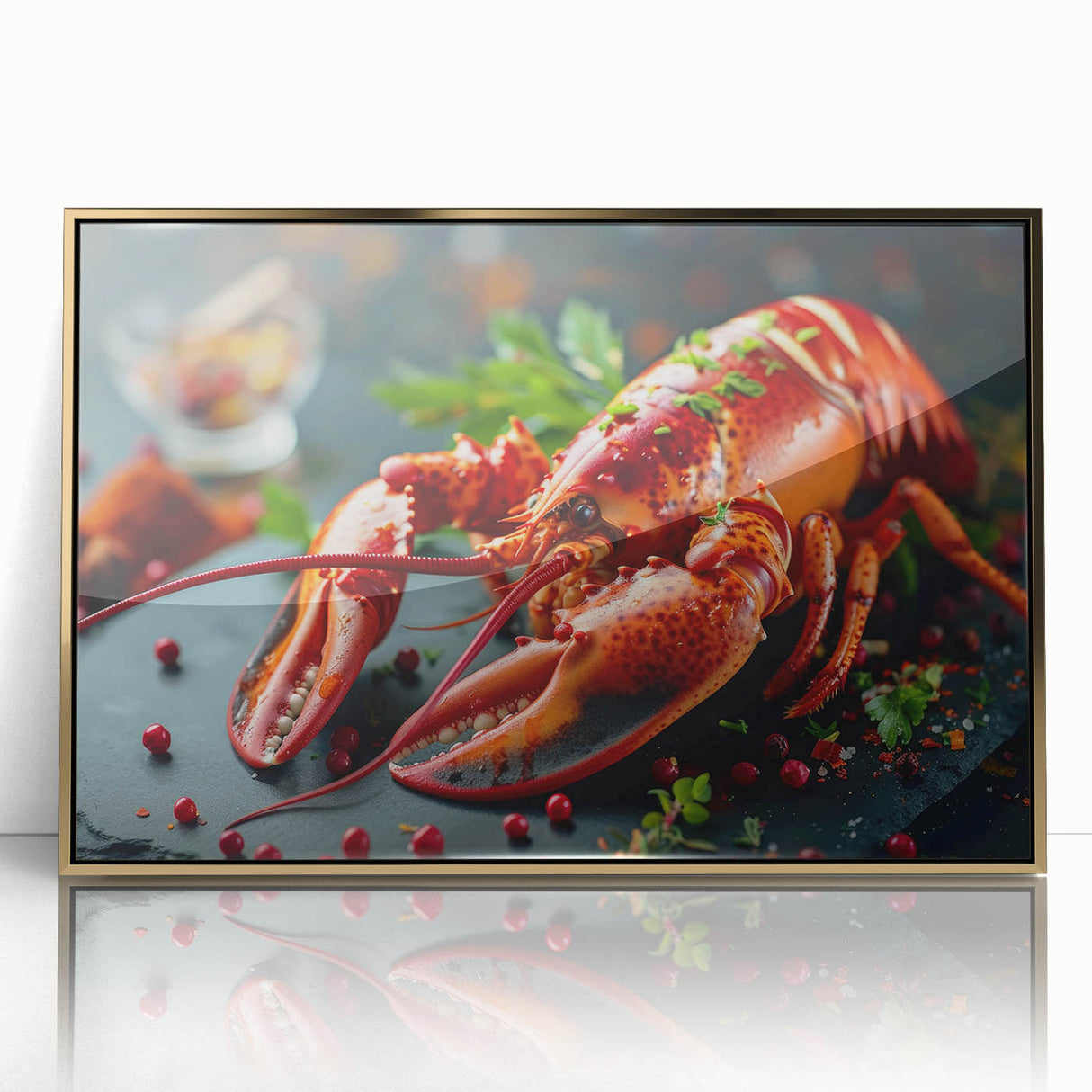 Framed acrylic wall art featuring a vibrant marine life design, showcasing a detailed lobster illustration with gold accents, perfect for ocean-themed decor.