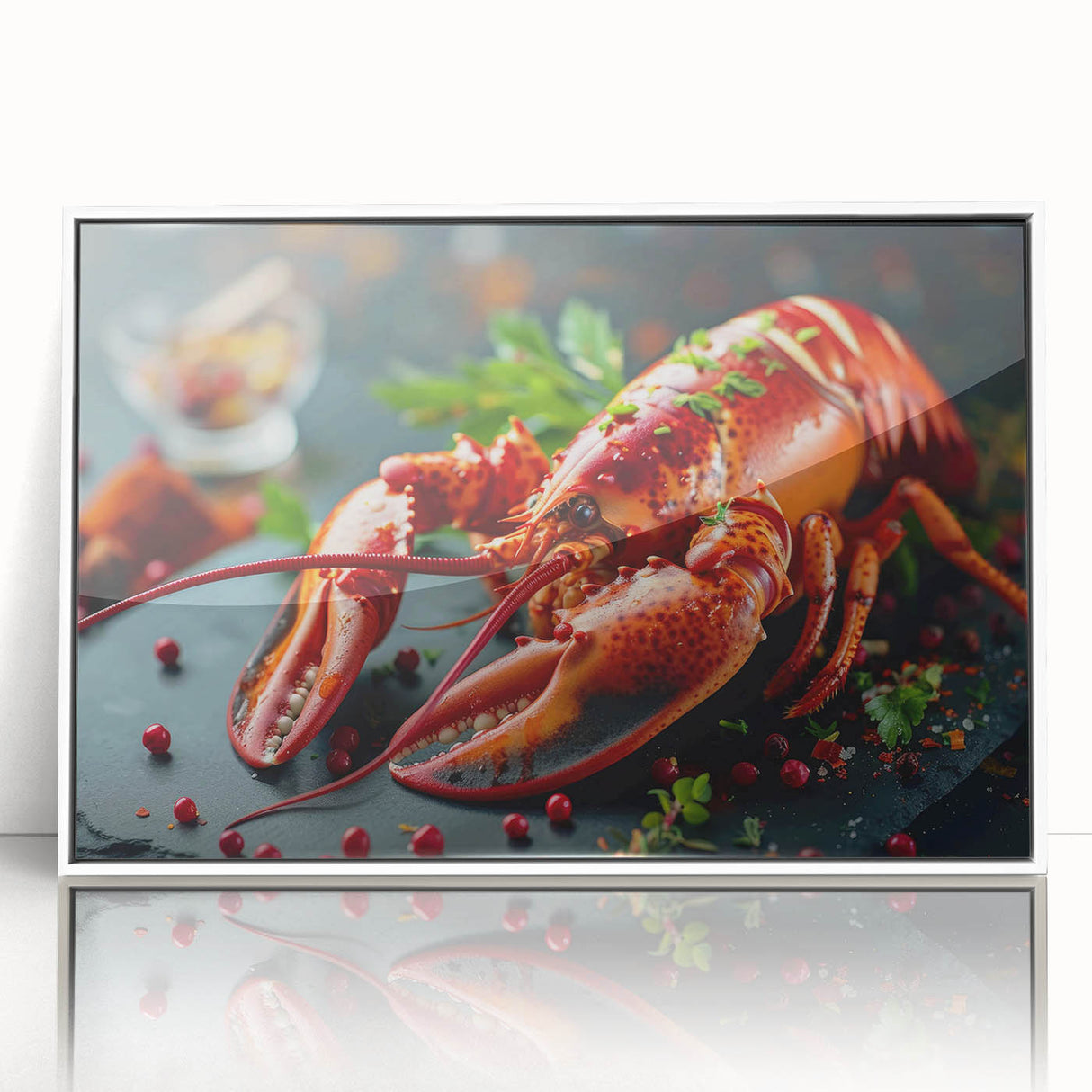 Framed wall art featuring a vibrant lobster design in a marine life theme, showcasing intricate details and bright colors, perfect for coastal decor enthusiasts.