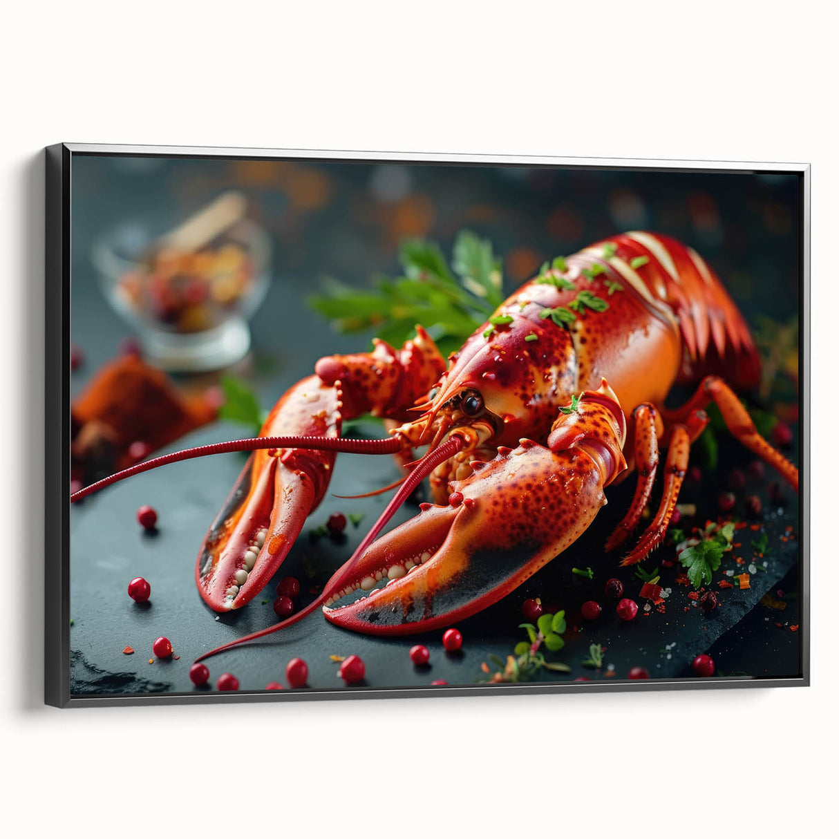 Framed wall art featuring a vibrant lobster design on textured canvas, set against a sleek black frame, ideal for marine-themed decor. Perfect for adding a coastal touch to any room.