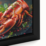 Close-up of a vibrant lobster wall art design on textured canvas, framed and ready to display, showcasing intricate details and vivid colors, perfect for marine life enthusiasts.