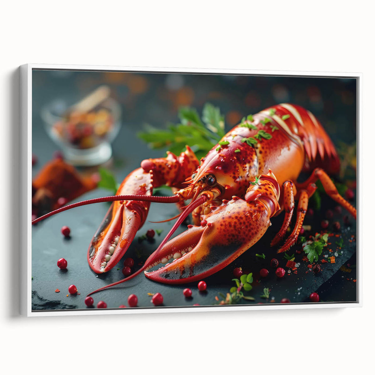 Framed canvas wall art featuring a vibrant lobster design, showcasing intricate details and colors on a white background, perfect for marine-themed decor.