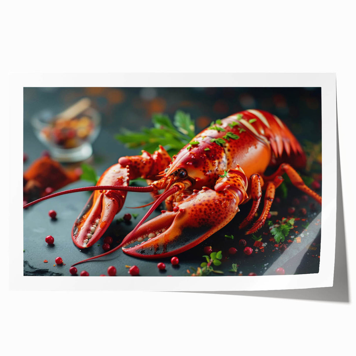 Vibrant marine life wall art featuring a detailed lobster design on a rolled print, showcasing intricate colors and textures, perfect for ocean-themed decor.