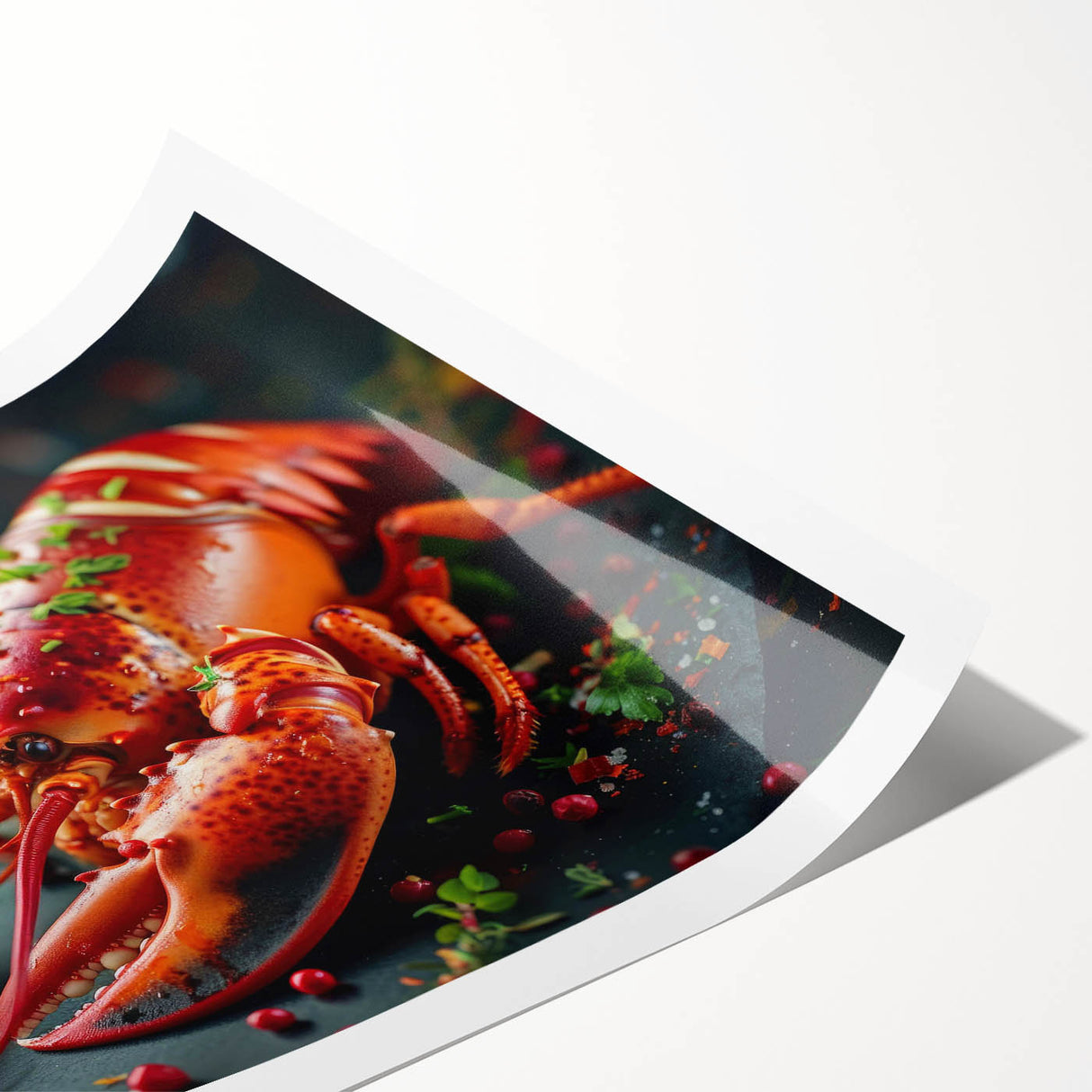 Vibrant lobster-themed wall art print showcasing detailed marine life design, rolled for easy framing, perfect for ocean enthusiasts and coastal decor.
