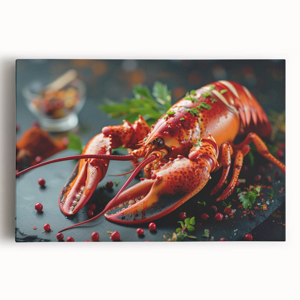 Vibrant stretched canvas wall art showcasing a detailed marine life design featuring a lobster, ideal for nautical-themed decor, bringing coastal charm to any space.