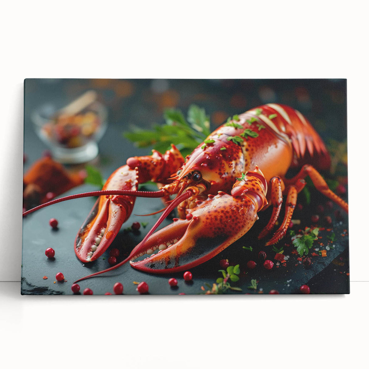 Vibrant wall art featuring a detailed lobster design on stretched canvas, showcasing rich colors and intricate textures, perfect for marine life enthusiasts.