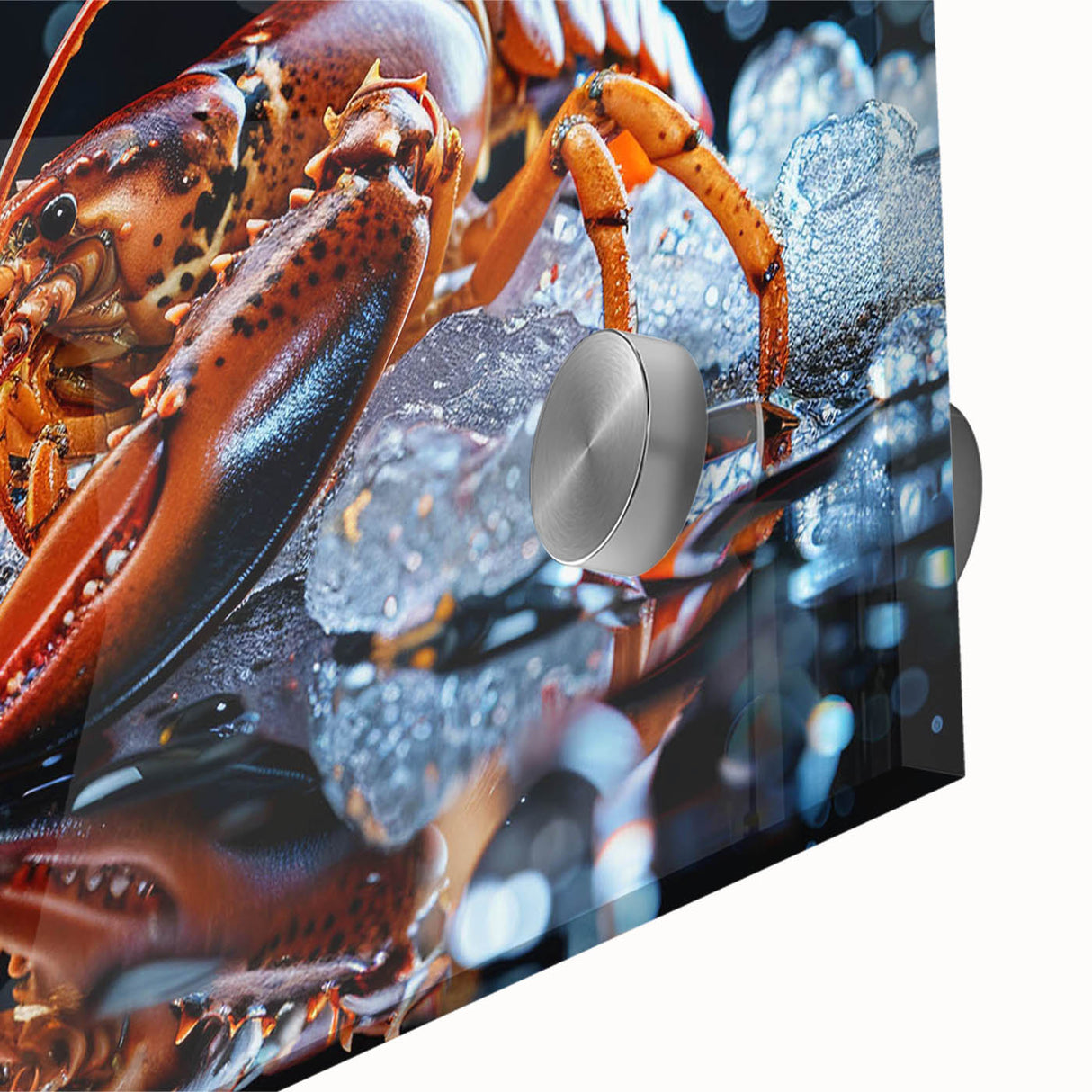 Close-up view of vibrant marine life wall art featuring a detailed lobster design, crafted on acrylic glass, showcasing rich colors and intricate textures.
