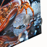 Close-up view of vibrant marine life wall art featuring a detailed lobster design, crafted on acrylic glass, showcasing rich colors and intricate textures.
