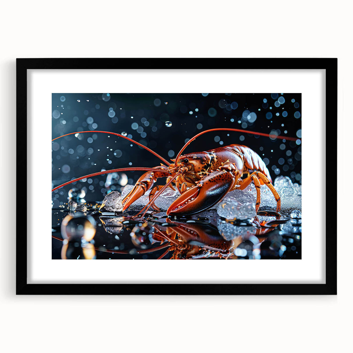 Black-framed wall art showcasing a vibrant marine life design featuring a detailed lobster, perfect for ocean-themed decor, enhancing any living space.