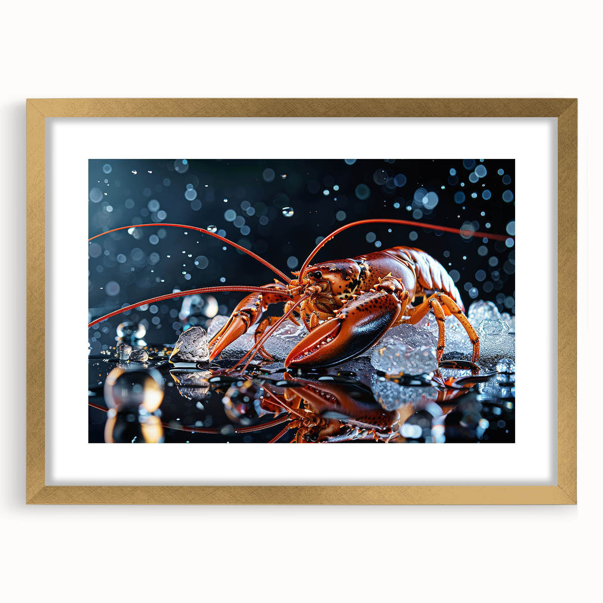 Lobster-themed wall art framed in gold with a white mat, showcasing intricate marine life design and perfect for enhancing coastal decor. Ideal for ocean lovers.