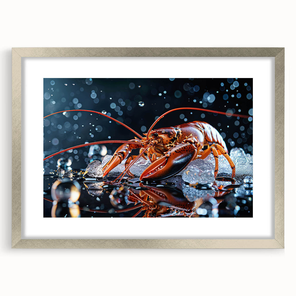 Framed wall art collection featuring a detailed silver-framed design of marine life with a lobster, showcasing vibrant colors and intricate details, ideal for coastal decor.
