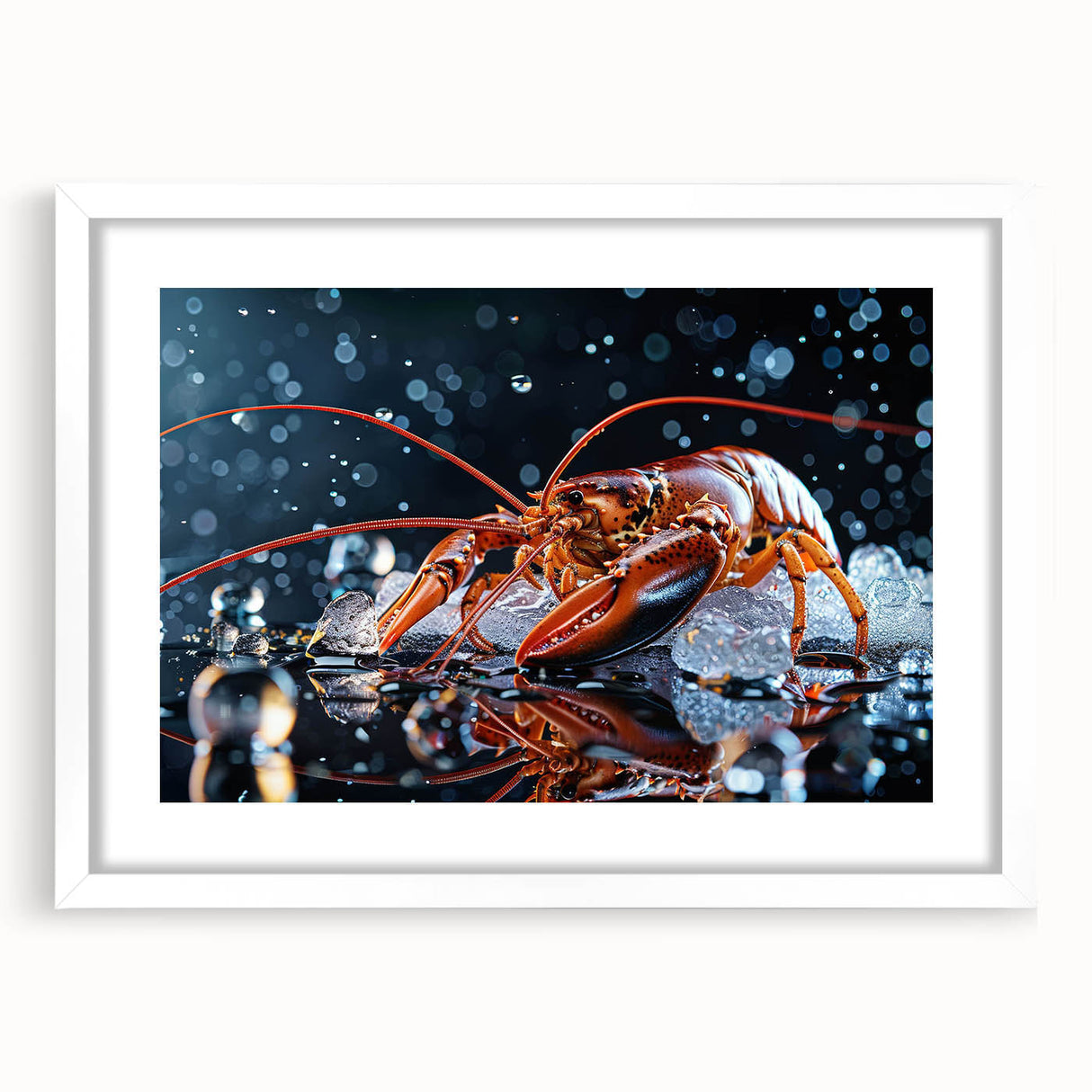 Lobster-themed wall art framed in white, showcasing vibrant marine life design with a mat, perfect for coastal decor enthusiasts and seafood lovers.