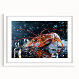 Lobster-themed wall art framed in white, showcasing vibrant marine life design with a mat, perfect for coastal decor enthusiasts and seafood lovers.